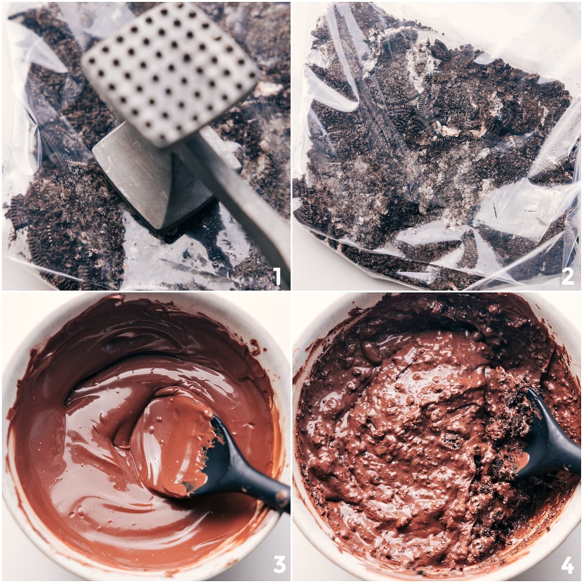 Preparing Mummy Bark - Crushing Oreos and Melting Chocolate Oreos being crushed and stirred into melted chocolate to make a mummy treat.