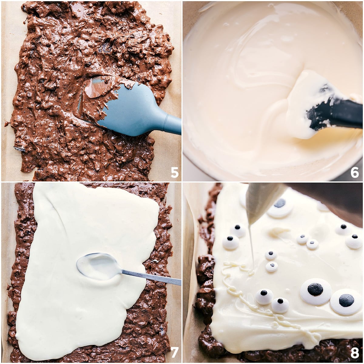 Decorating Mummy Bark with White Chocolate and Candy Eyes Chocolate mixture spread on a sheet pan, topped with a white chocolate layer, candy eyes, and white chocolate drizzle to make the treat.
