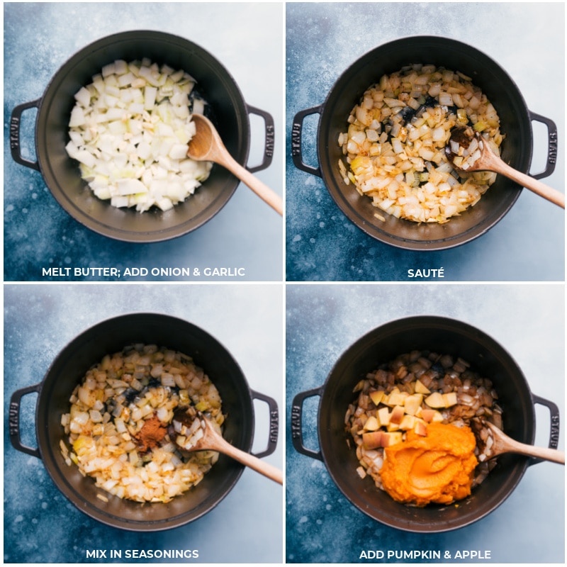 Process shots-- images of the butter, onion, garlic, seasonings, pumpkin, and apple being added to a pot