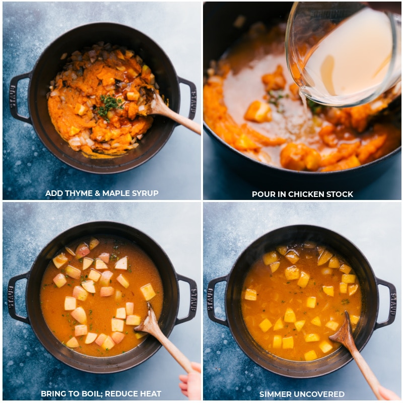 Process shots of Pumpkin Soup-- images of thyme, maple syrup, and chicken stock being added and simmered together