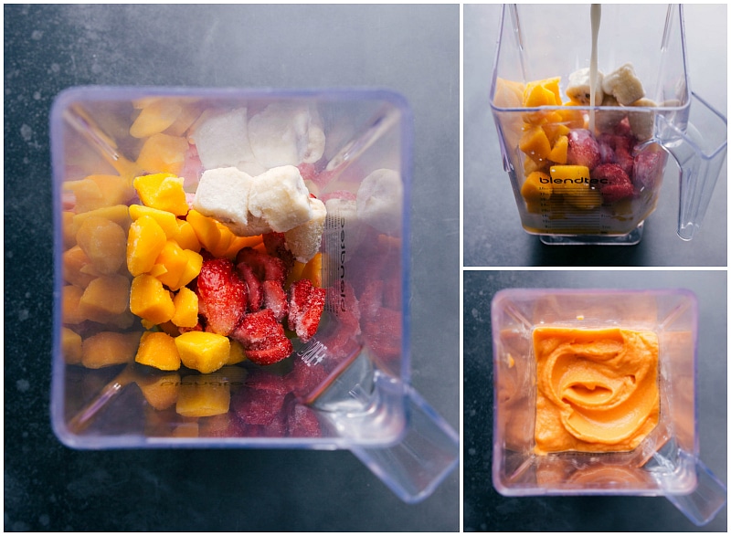 Process shots: putting the frozen fruit in a blender; adding milk; processing until smooth.