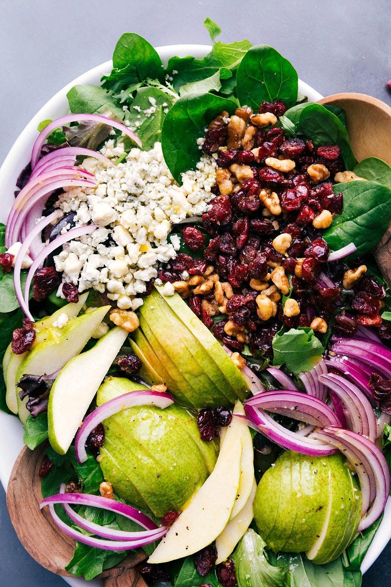 Up close overhead image of the pear salad ready to be served