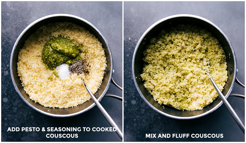 Images of the seasonings being added to the cooked couscous.