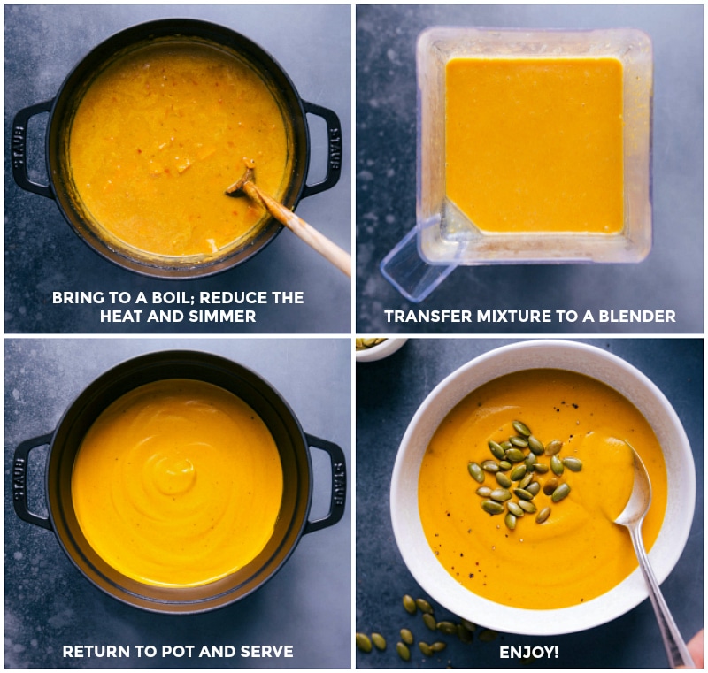 Process shots: simmer the soup; transfer to a blender; process and return to pot; serve.