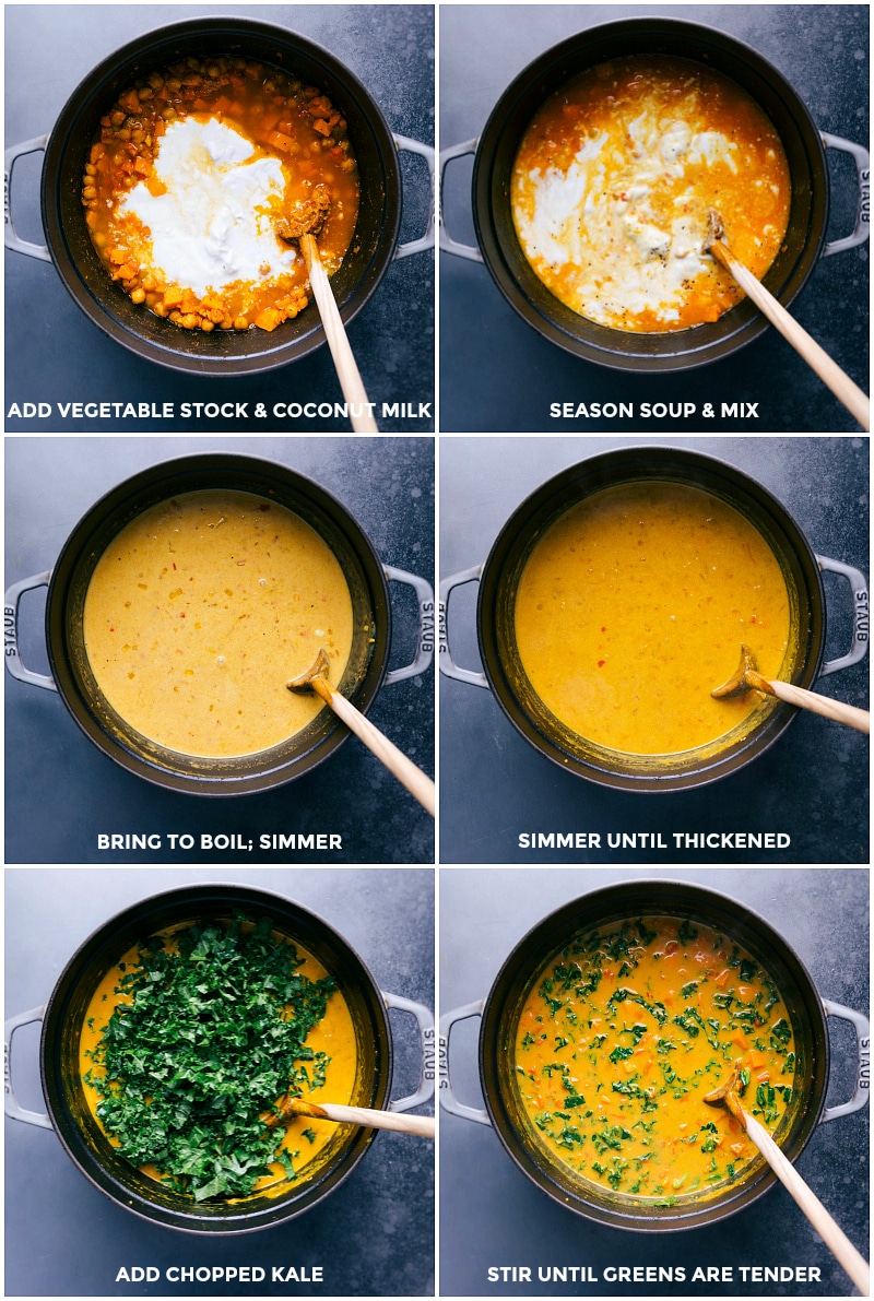 Adding vegetable stock and coconut milk to the pan; seasoning and bringing to a boil; simmering until thickened; adding kale and stirring until tender.