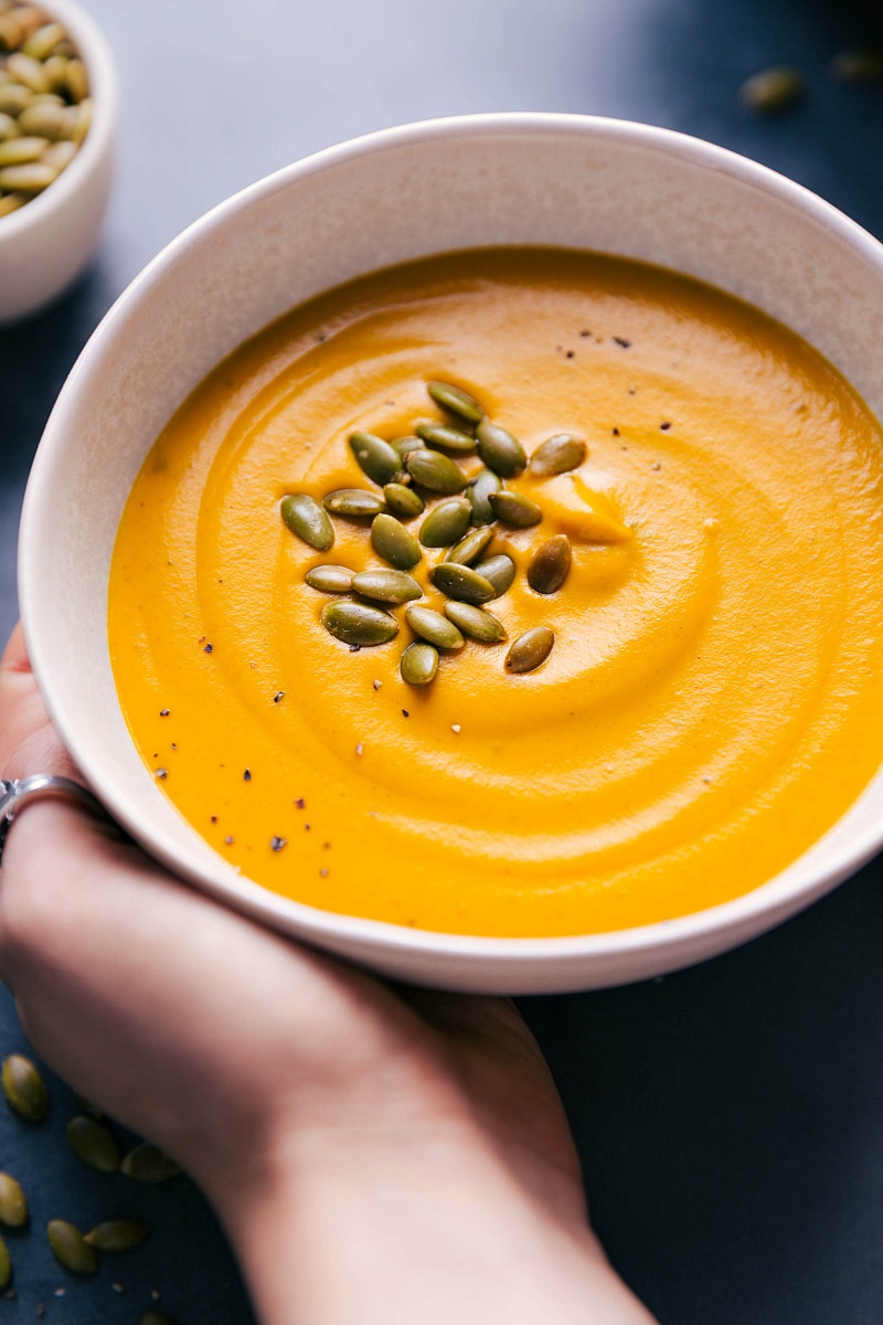 View of a bowl of Sweet Potato Soup.