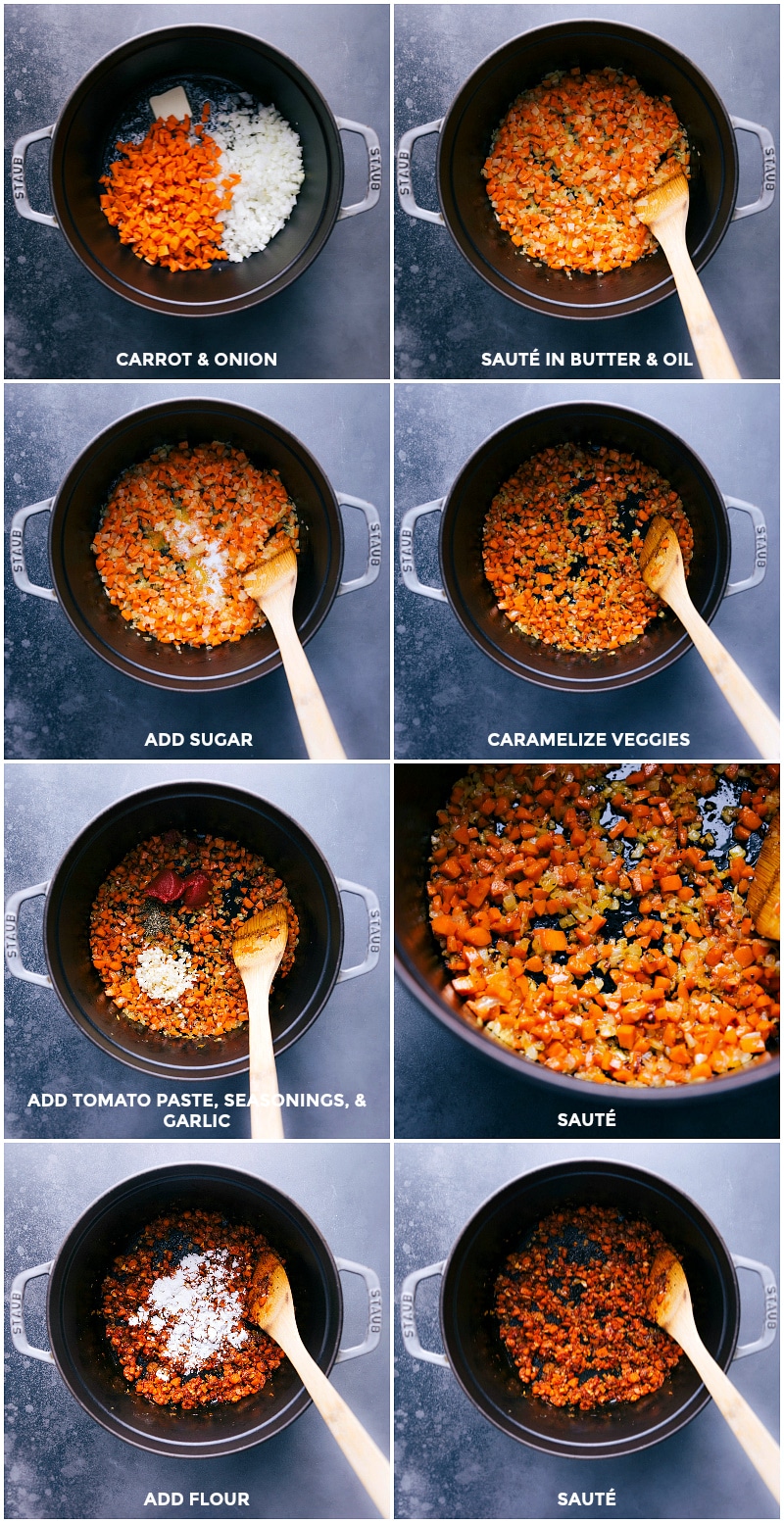 Process shots-- images of the veggies being sautéed, seasonings and paste being added, and everything being mixed together