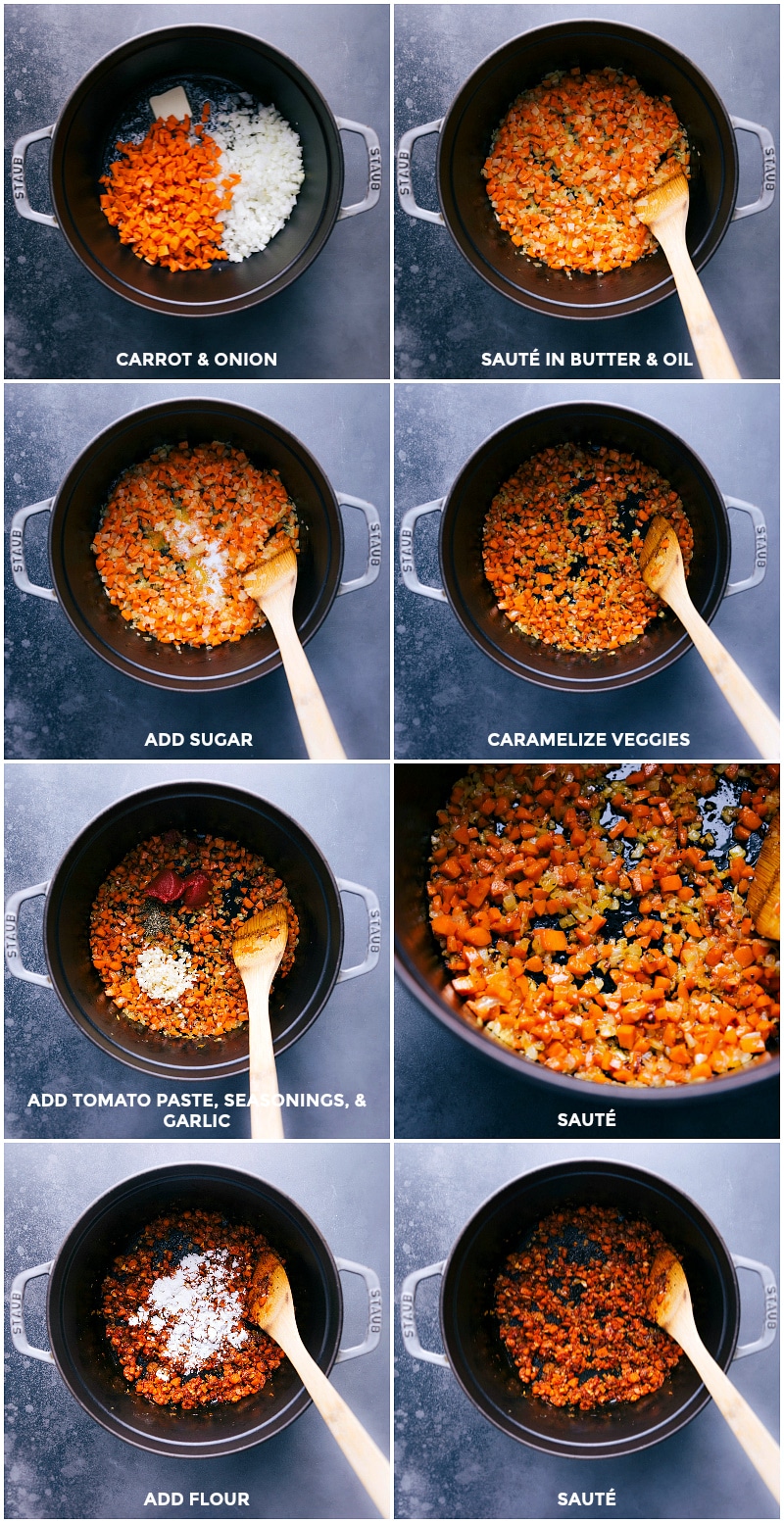 Process shots-- images of the veggies being sautéed, seasonings and paste being added, and everything being mixed together