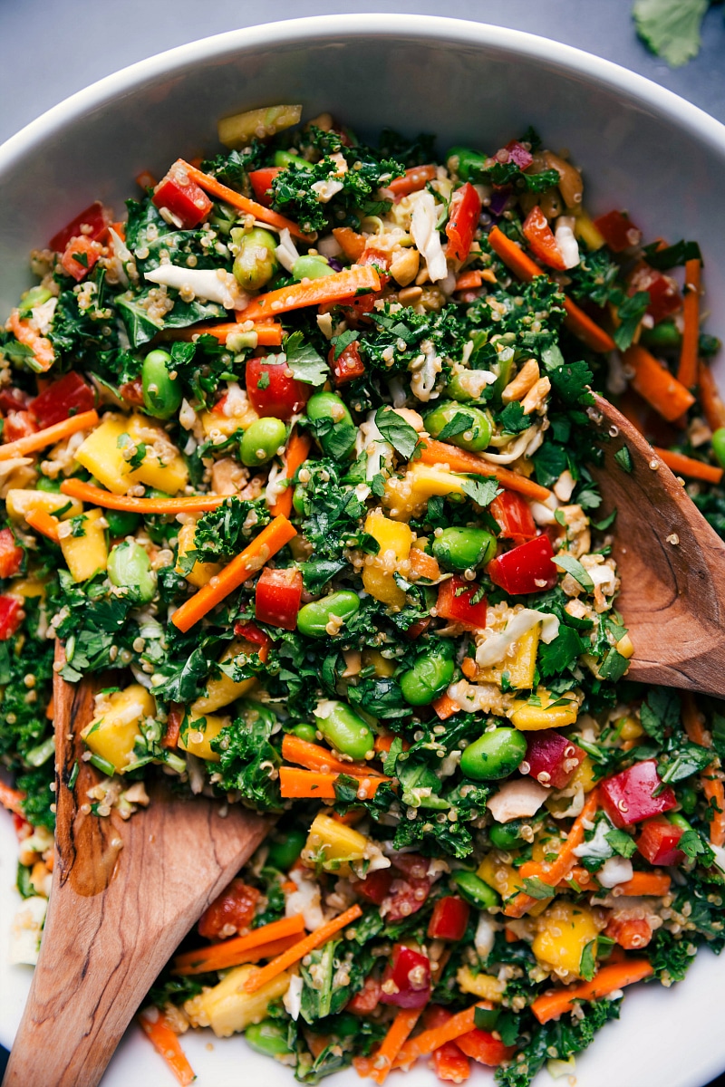 Overhead image of the Thai quinoa salad in a bowl all tossed together