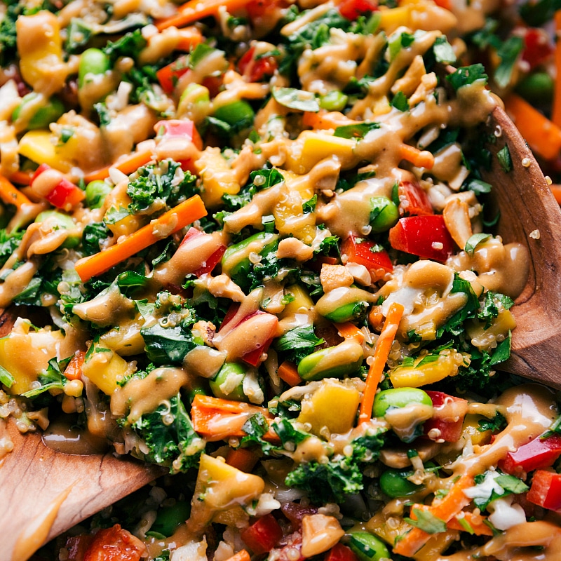 Up close overhead image of the Thai salad with the dressing drizzled over it