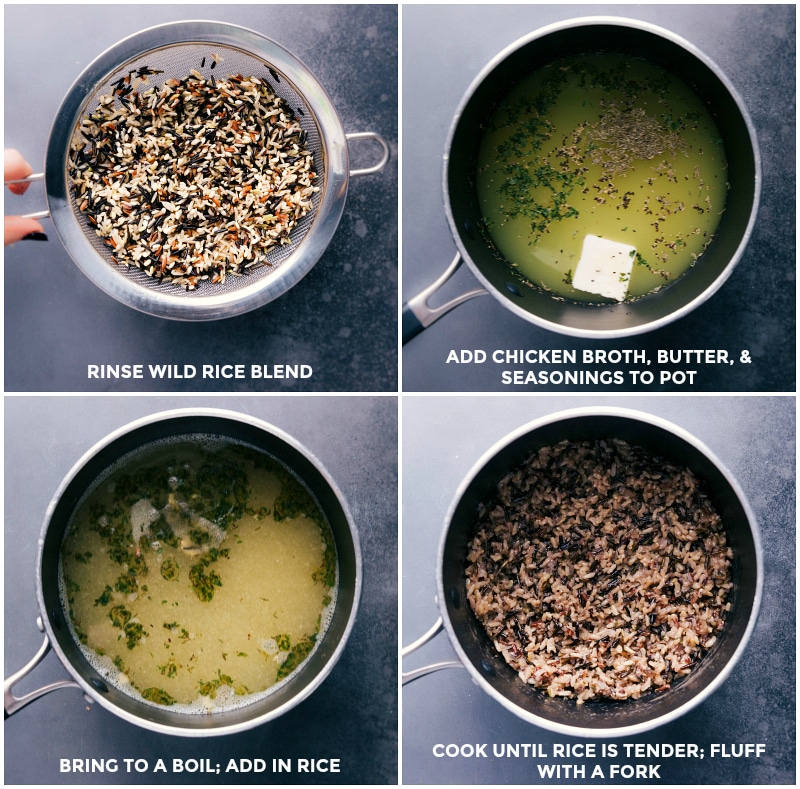 Rinsing wild rice blend, adding broth, butter, and seasonings, bringing to a boil, adding rice, and cooking until tender.