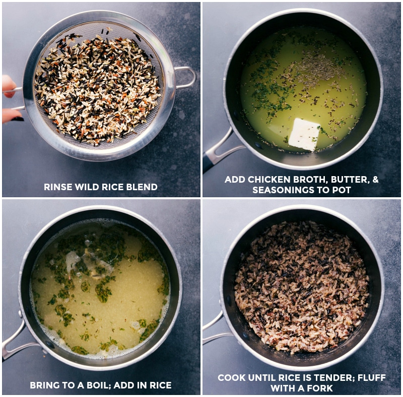 Process shots: rinse wild rice blend; add broth, butter and seasonings; bring to a boil and add rice; cook until tender.