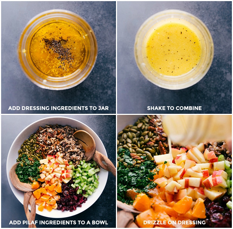 Making dressing by shaking ingredients in a jar; adding pilaf to salad ingredients; drizzling dressing over the salad.