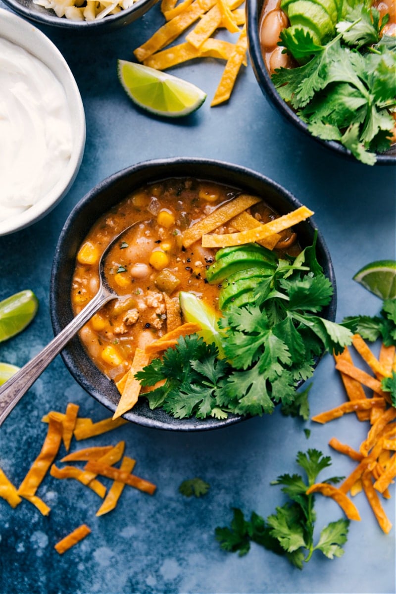 Overhead image of the white turkey chili in a bowl