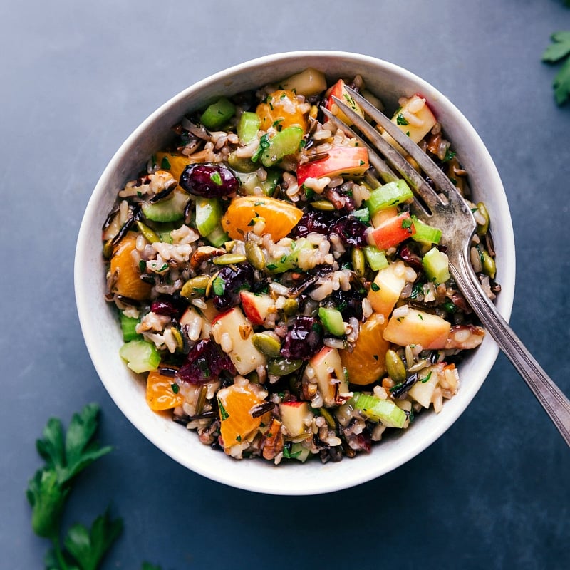 Overhead view of a fork in a bowl of Wild Rice Pilaf.