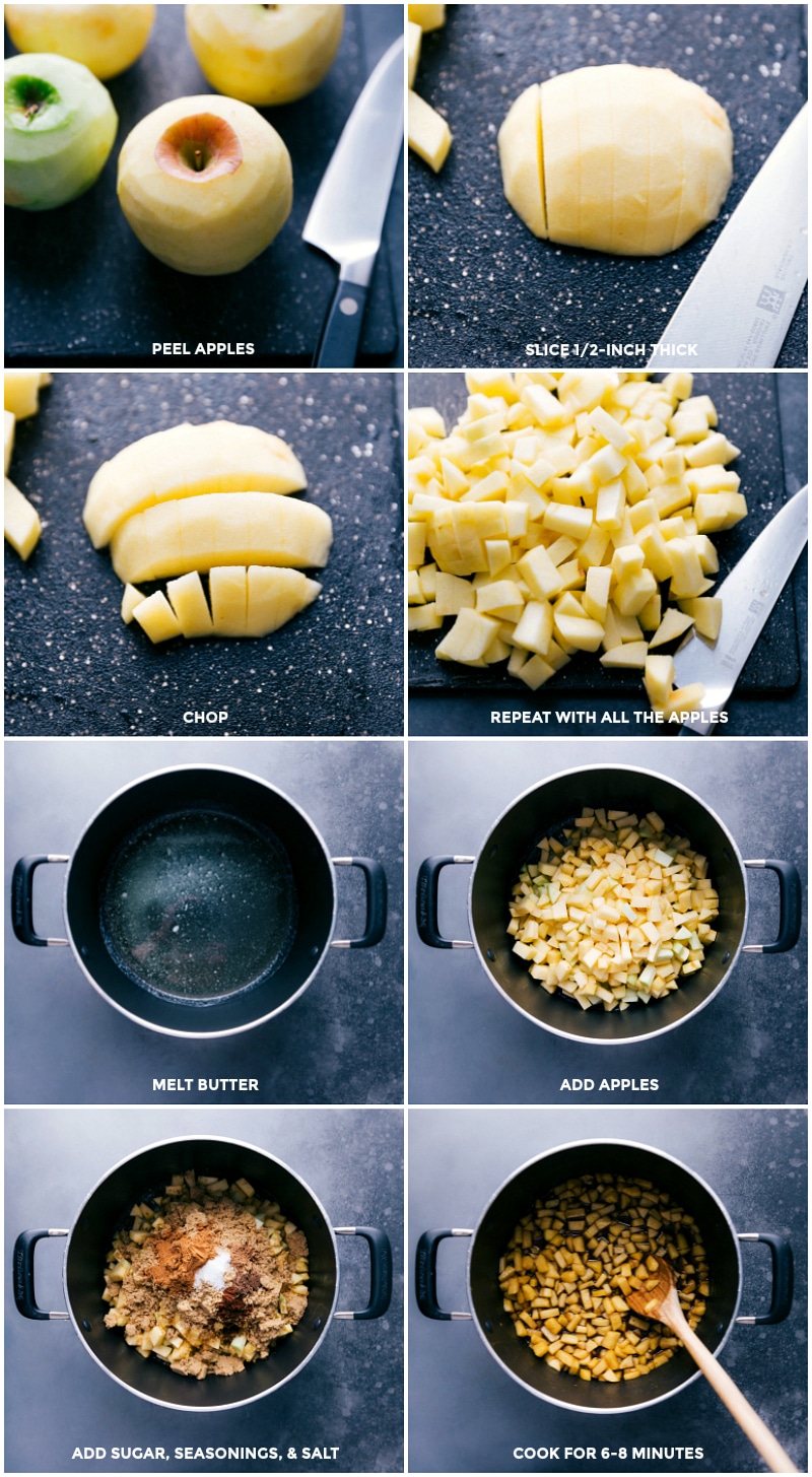 Process shots: peel apples, cut into small pieces; melt butter; add apples, sugar, seasonings and salt; cook to soften.