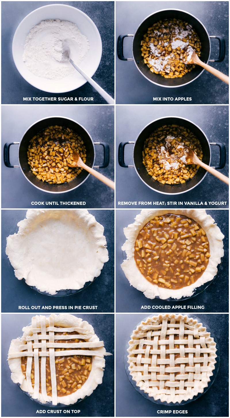 Process shots: Combine the sugar and flour; mix into apples; cook to thicken; remove from heat and stir in vanilla and yogurt; roll out crust and fit into pan; add cooled apple filling; add crust to the top; crimp edges.