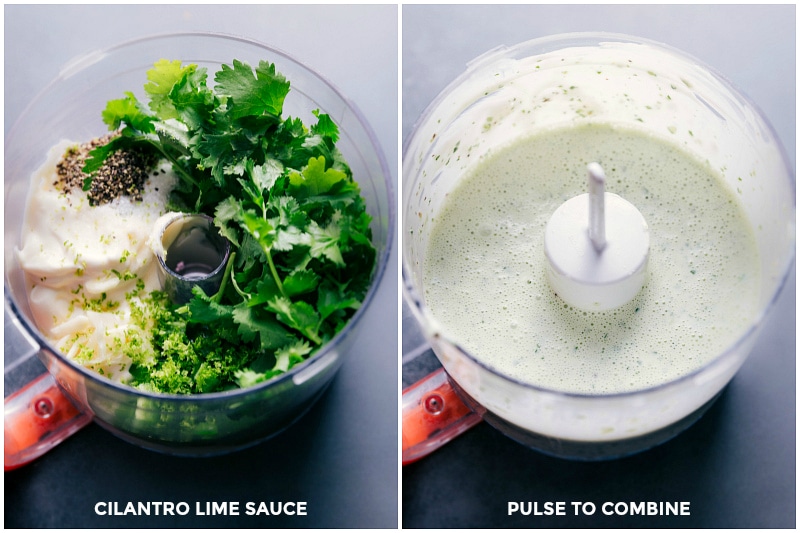 Cilantro lime sauce being prepared for the chicken tacos baked, featuring fresh cilantro, lime juice, and other seasonings blended to a smooth consistency.