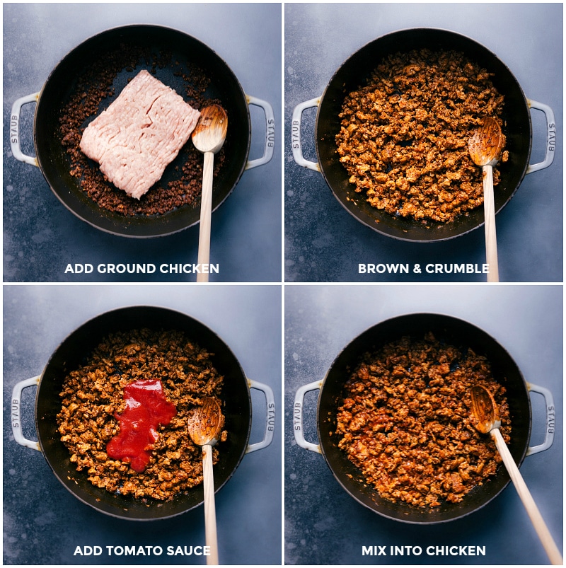 Process shots: add the ground chicken to the pan; brown and crumble; stir in tomato sauce.