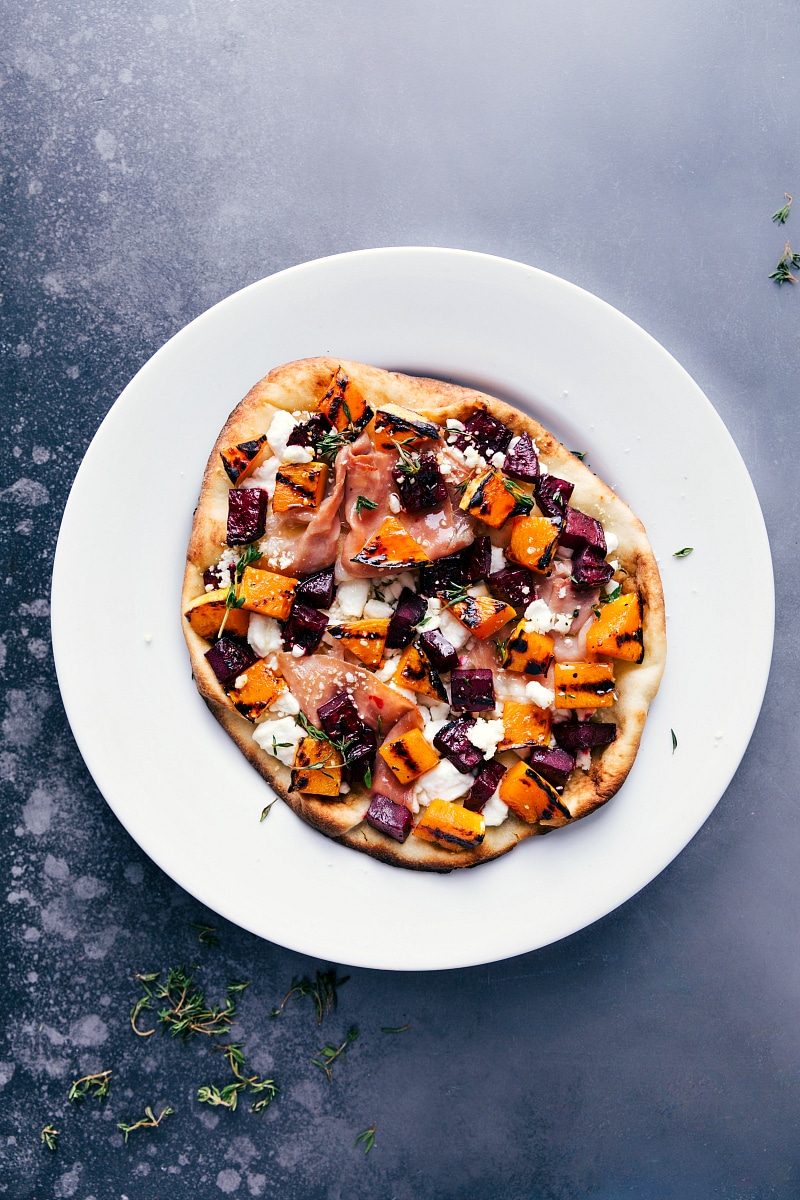 Overhead image of the beet and goat cheese flatbread fresh off the grill