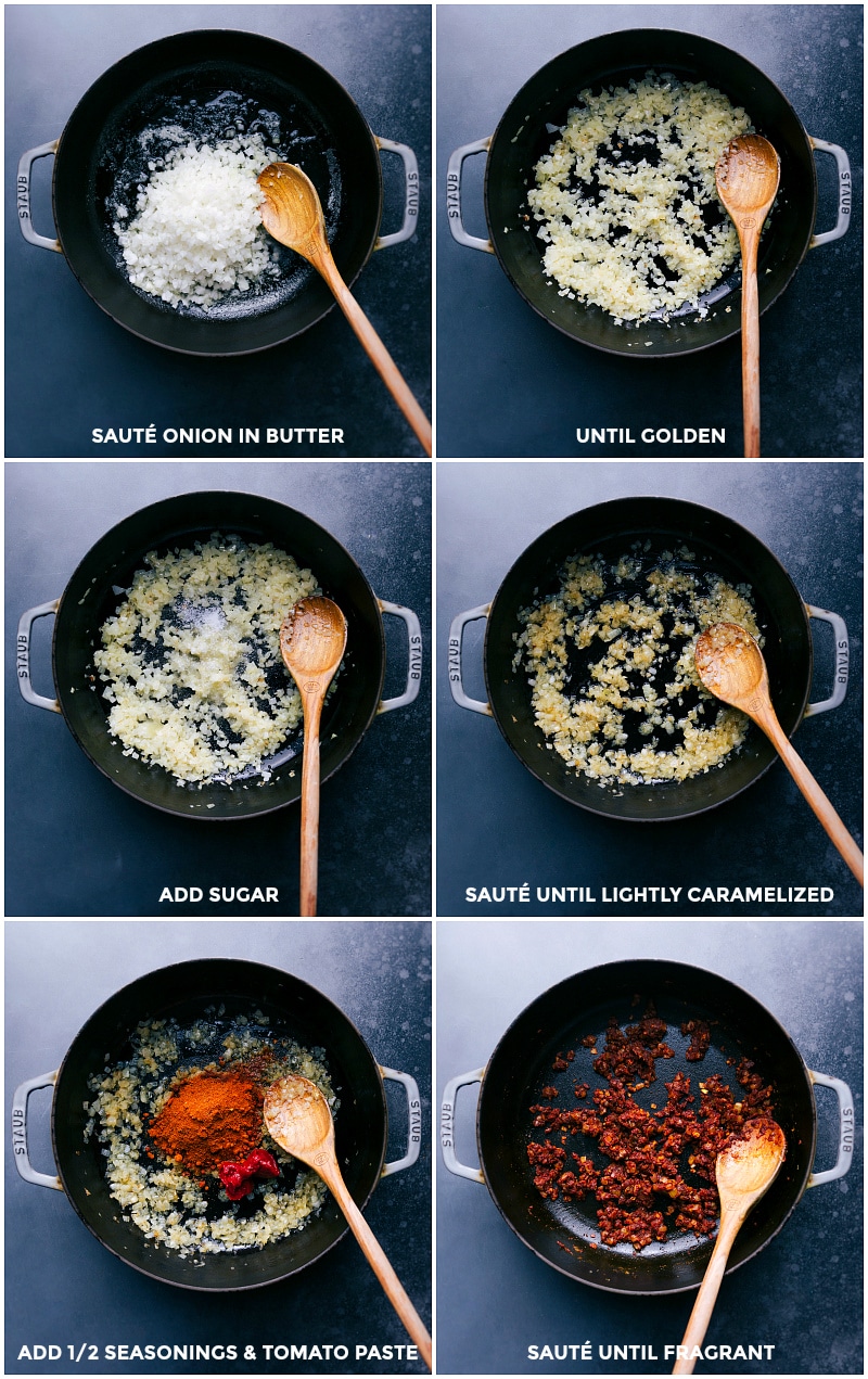 Sautéing onion in butter until golden, adding sugar, and continuing to sauté; incorporating seasonings and tomato paste, then sautéing until fragrant.