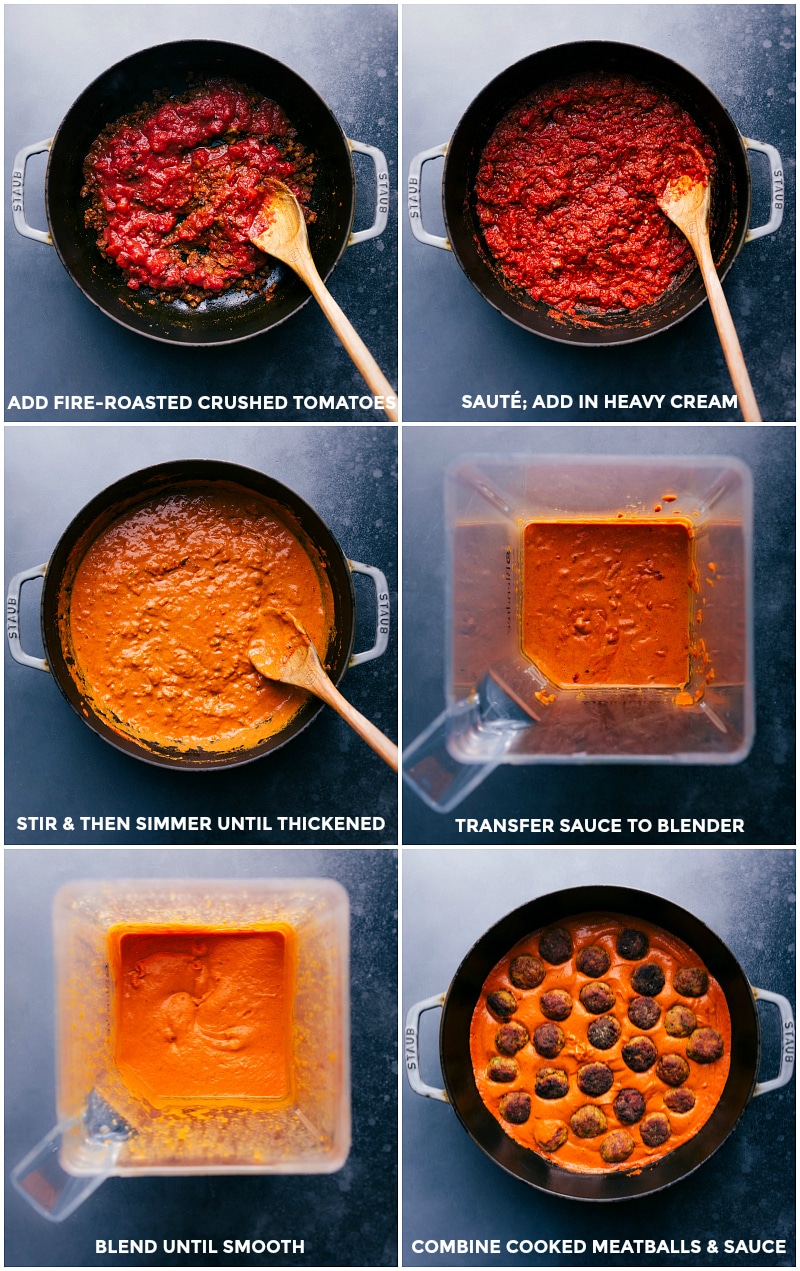 Adding crushed tomatoes to the sauce, then cream, stirring and simmering; processing the sauce in a blender, and combining with cooked garlic butter chicken meatballs.
