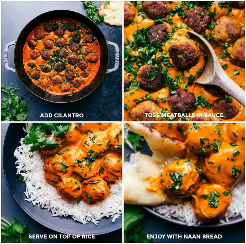 Adding fresh cilantro to the creamy sauce, tossing cooked meatballs in the sauce to coat thoroughly, and serving them on a bed of rice with naan on the side.