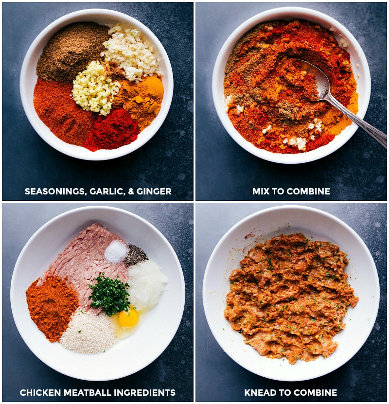 Process shots: combining the seasoning ingredients; adding to the the meatball ingredients; knead to combine everything.