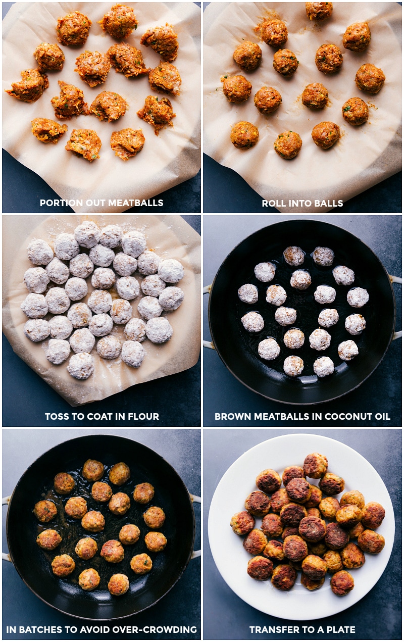 Process shots: portion out meatballs; roll into balls; toss to coat in flour; brown meatballs; transfer to a plate for these butter chicken meatballs.