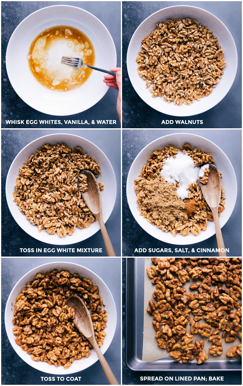 Process shots: Making Candied Walnuts by whisking ingredients, tossing with walnuts, adding seasonings and baking on a lined pan.