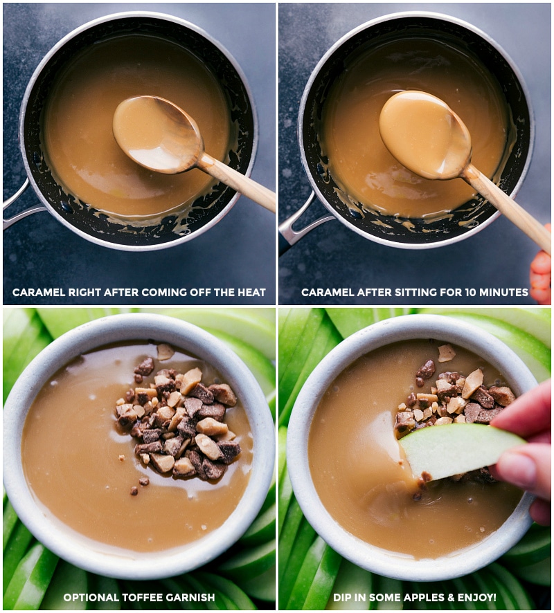 The recipe for caramel sauce freshly cooked and after 10 minutes of cooling, served with optional toffee garnish; apples being dipped into the creamy, smooth, and delicious sauce.