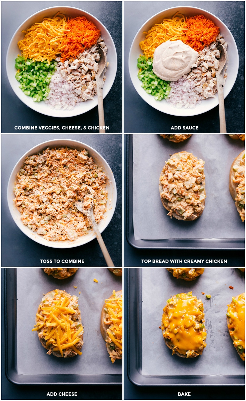 Process shots-- images of all the veggies, cheese, chicken and sauce being combined in a bowl and put on the French bread with cheese added on top.