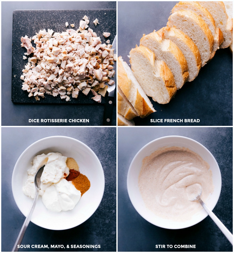 Process shots-- images of the chicken being diced, French bread being sliced, and cream sauce being made.