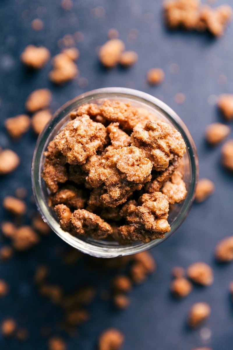 Candied walnuts in a cup, perfectly golden and packed with flavor, ready to be enjoyed.