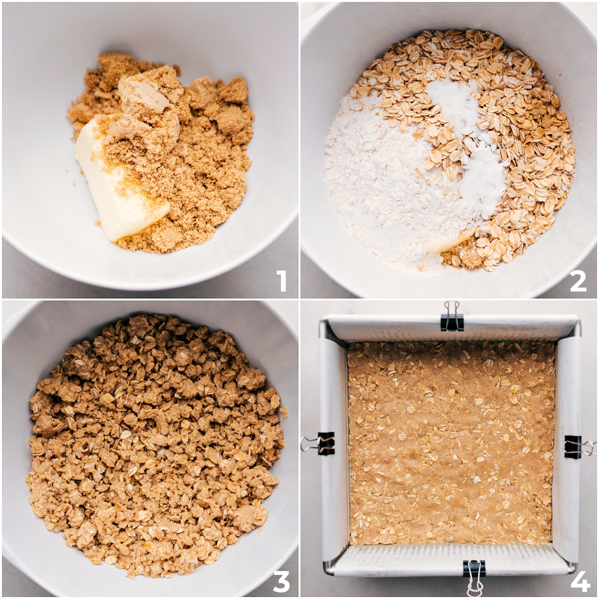 The oat layer being mixed together and pressed into the pan.