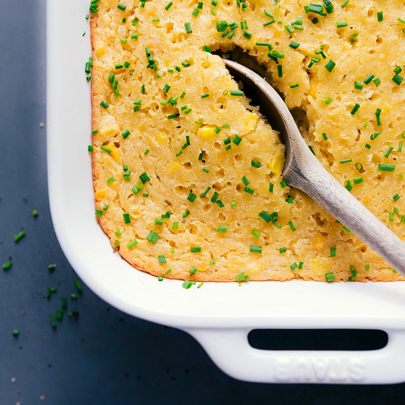 Up-close overhead image of the Corn Casserole garnished with fresh chives