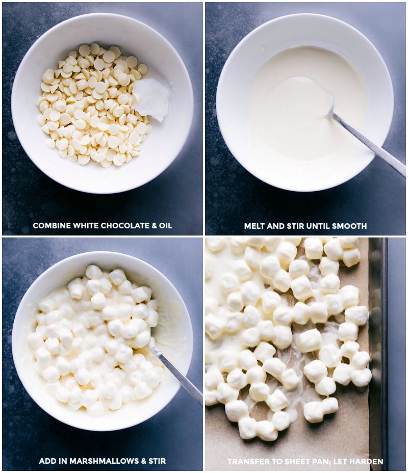 Process shots: combine white chocolate and coconut oil; melt and stir until smooth; add marshmallows and mix; transfer to a sheet pan and let harden.