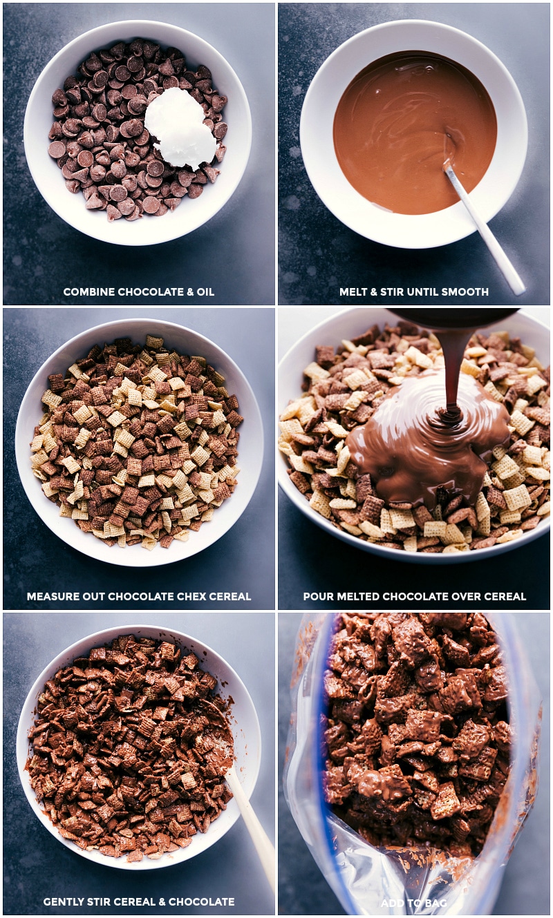 Process shots: combine chocolate and coconut oil; melt until smooth; put cereal in a large bowl; pour melted chocolate over the cereal; gently mix; add to plastic bag with hot cocoa mix and powdered sugar.