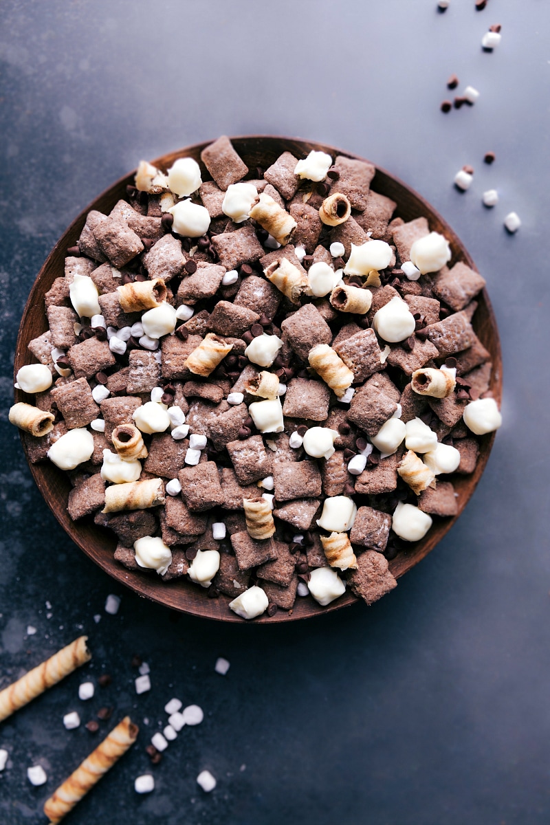 Image of a bowl full of Hot Chocolate Snack Mix.