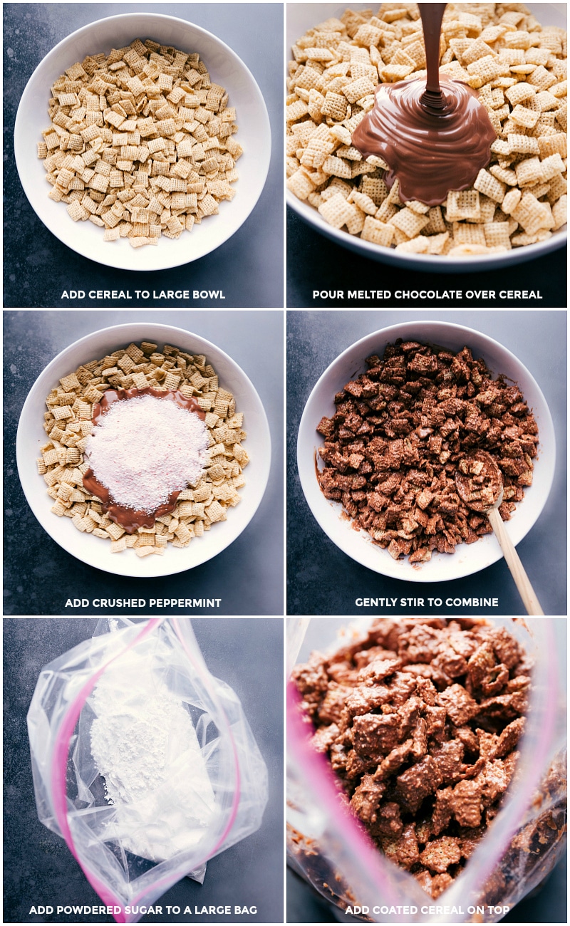 Cereal in a large bowl with melted chocolate being poured over it, gently stirred to combine; powdered sugar in a large plastic bag, ready to coat the chocolate-coated cereal.
