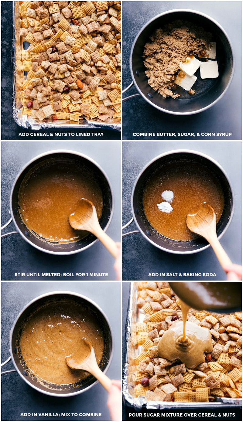 Process shot: mix cereal and nuts on a lined baking tray; combine butter, sugar and corn syrup; stir to melt; add in salt and baking soda; stir in vanilla; pour over the cereal and nuts.