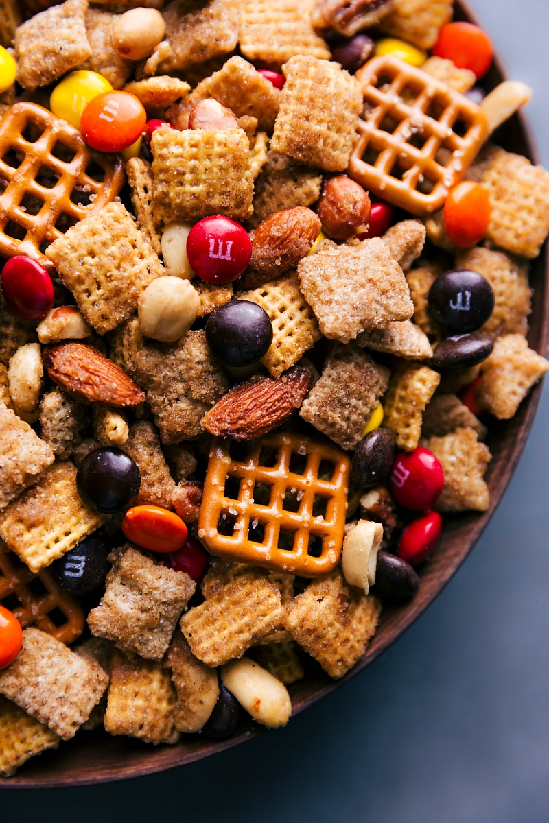 View of the Pumpkin Spice Snack Mix in a large bowl.