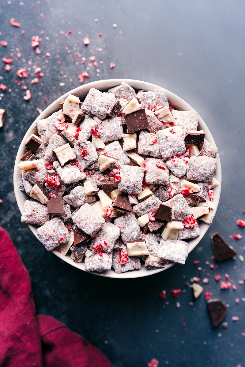 Overhead view of a large bowl full of Peppermint Bark Muddy Buddies.
