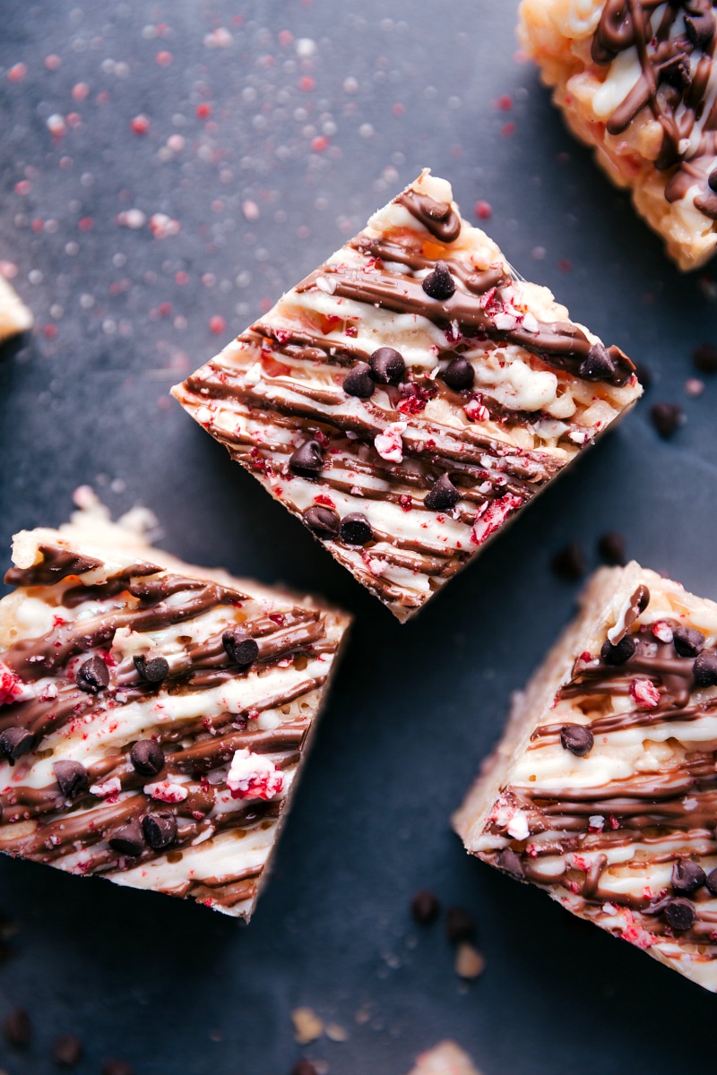 Overhead view of several Peppermint Rice Krispies Treats.