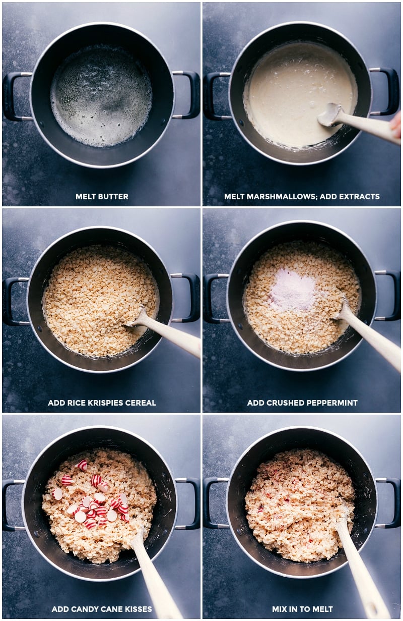 Process shots: melt butter and marshmallows; add flavor extracts; stir in cereal; add crushed peppermint and candy cane kisses; Mix to melt.