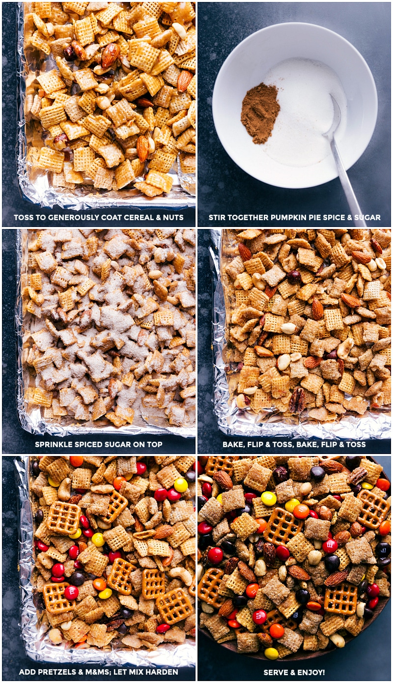 Process shots: toss the cereal, nuts and sugar syrup; mix the spice blend and sprinkle over the tray of ingredients; bake, turn and bake again; remove from oven, add pretzels and M&M's; let mix harden and then serve.