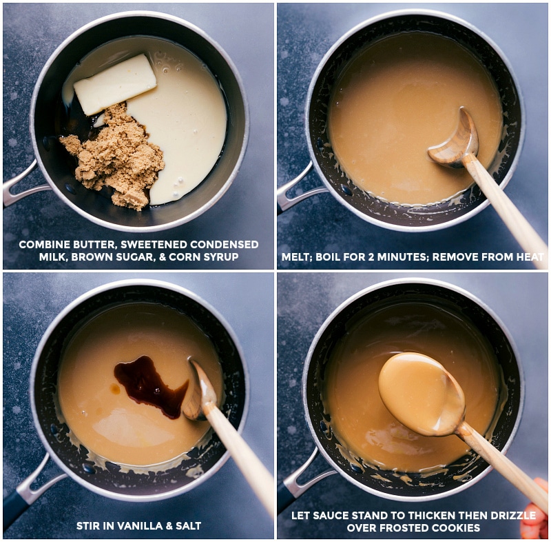 Caramel process shots: combine ingredients and boil for two minutes; remove from heat and stir in vanilla; let stand to thicken.