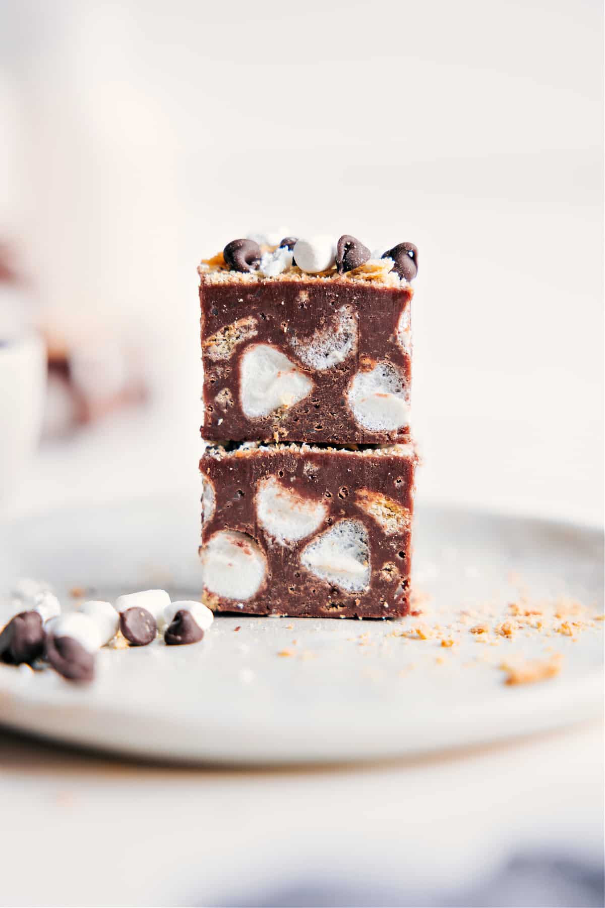 Easy Stovetop S'mores Fudge Recipe S'mores Fudge chopped into squares and stacked on top of each other.