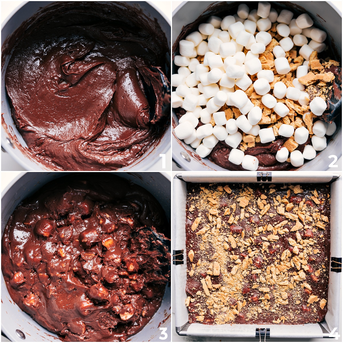 How To Make S'mores Fudge S’mores fudge mixture of melted chocolate and condensed milk with marshmallows and graham crackers poured into a pan and topped with more graham crackers.