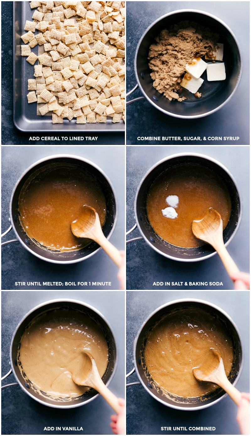 Process shots: place cereal on a baking sheet; combine butter, sugar and corn syrup; boil 1 minute; add salt and baking soda; add in vanilla; stir to combine.